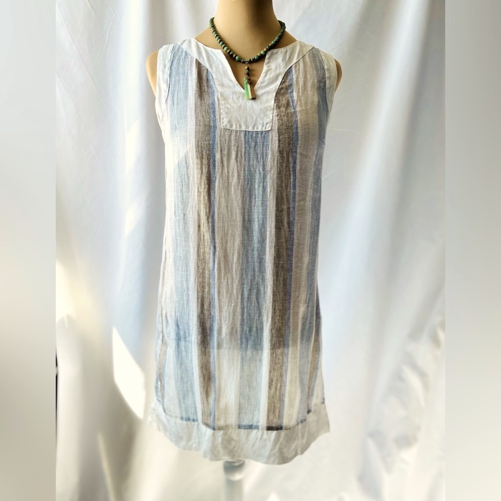 Mastro Moda Made In Italy Blue/White/Tan Stripe Linen Tunic Dress Size M